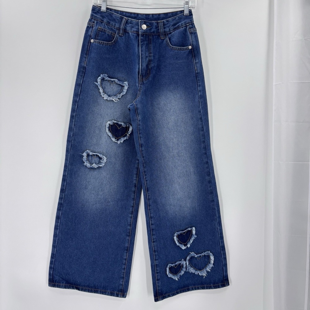 Womens Wide Leg Heart patchwork Denim Jeans Medium Wash Y2K Coquette Size Small - Picture 4 of 13